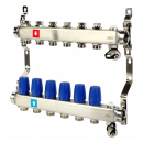 Коллектор из нержавеющей стали в сборе без расходомеров, c дренажным краном и воздухоотводчиком, 6 выходов