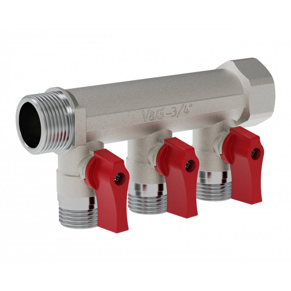 Коллектор распределительный шаровой, 3/4" - 3 выхода х 1/2"