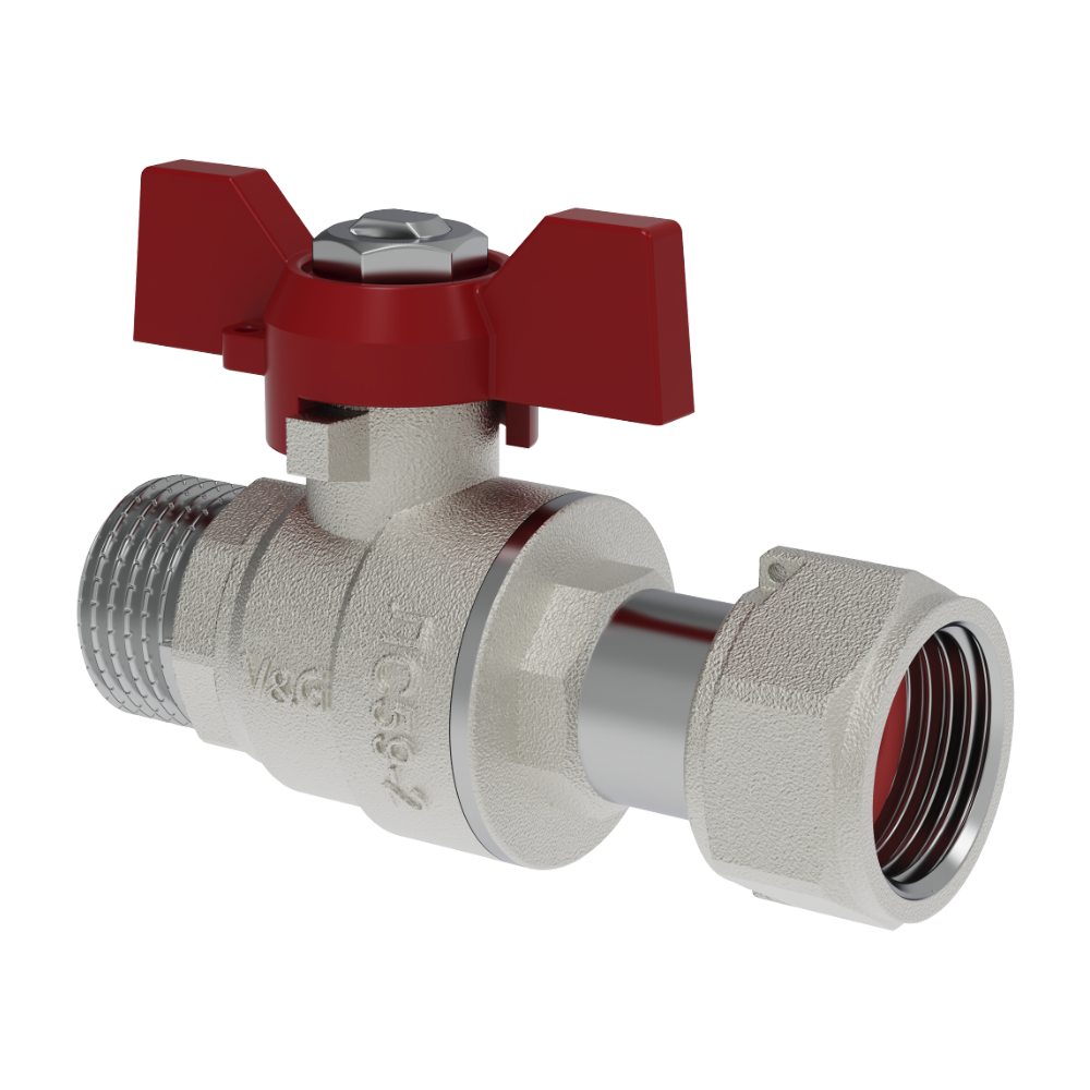 Кран шаровой из латуни цапка-штуцер с накидной гайкой, ручное управление "бабочка" ГОСТ 1/2”