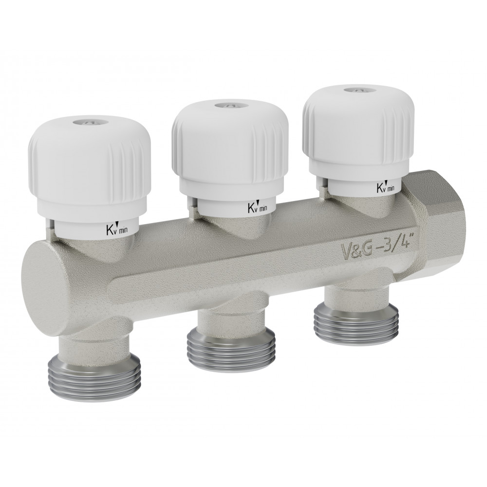 Коллектор распределительный тупиковый с вентильной регулировкой, 3/4" - 3 выхода х 3/4" «евроконус»