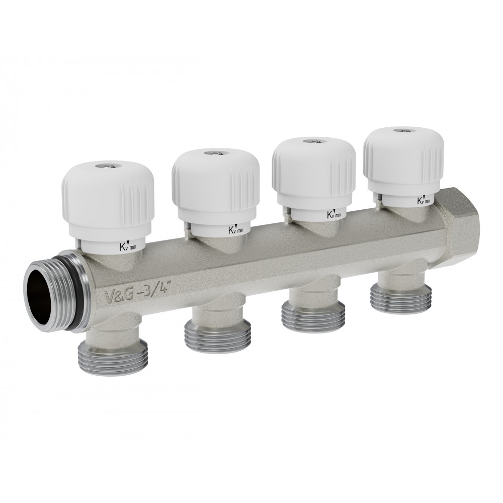 Коллектор распределительный с вентильной регулировкой, 3/4" - 4 выхода х 3/4" «евроконус»