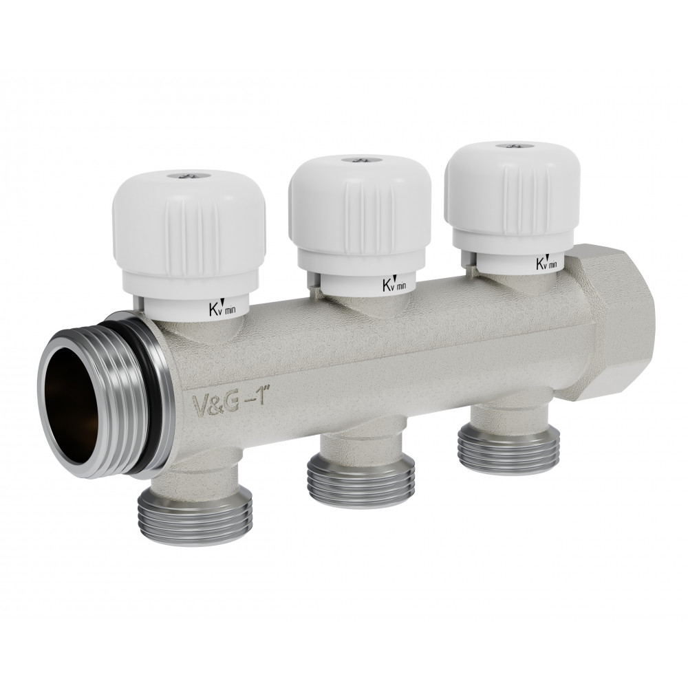 Коллектор распределительный с вентильной регулировкой, 1" - 3 выхода х 3/4" «евроконус»