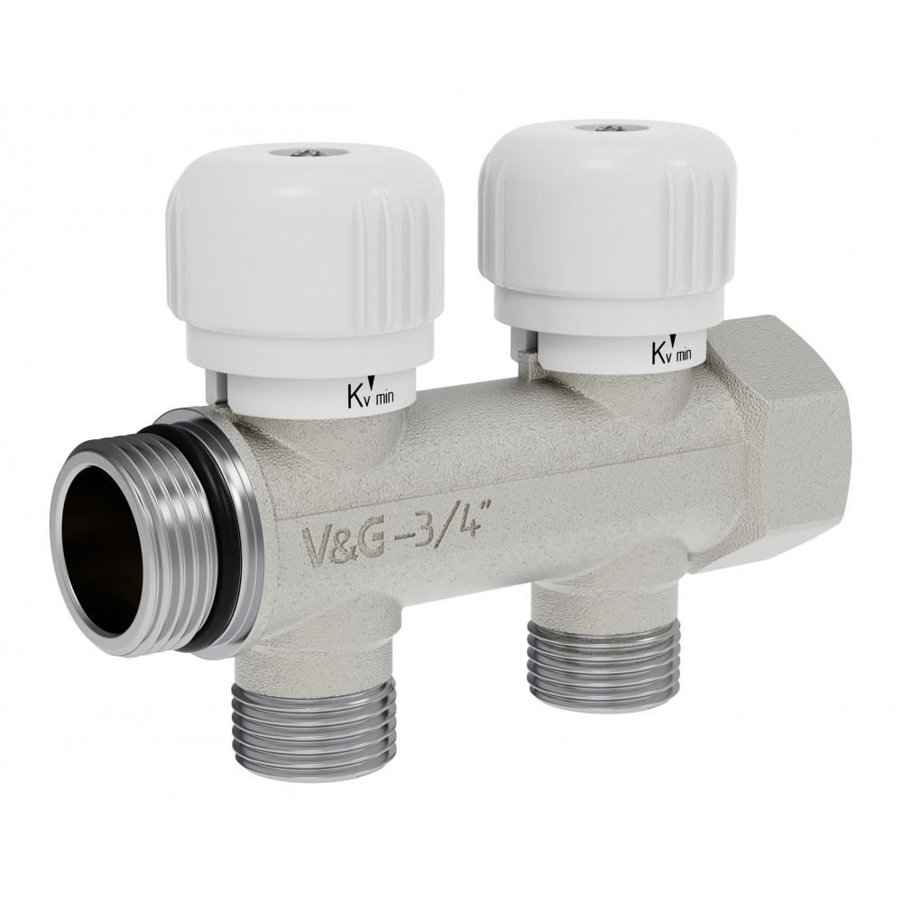 Коллектор распределительный с вентильной регулировкой, 3/4" - 2 выхода х 1/2"