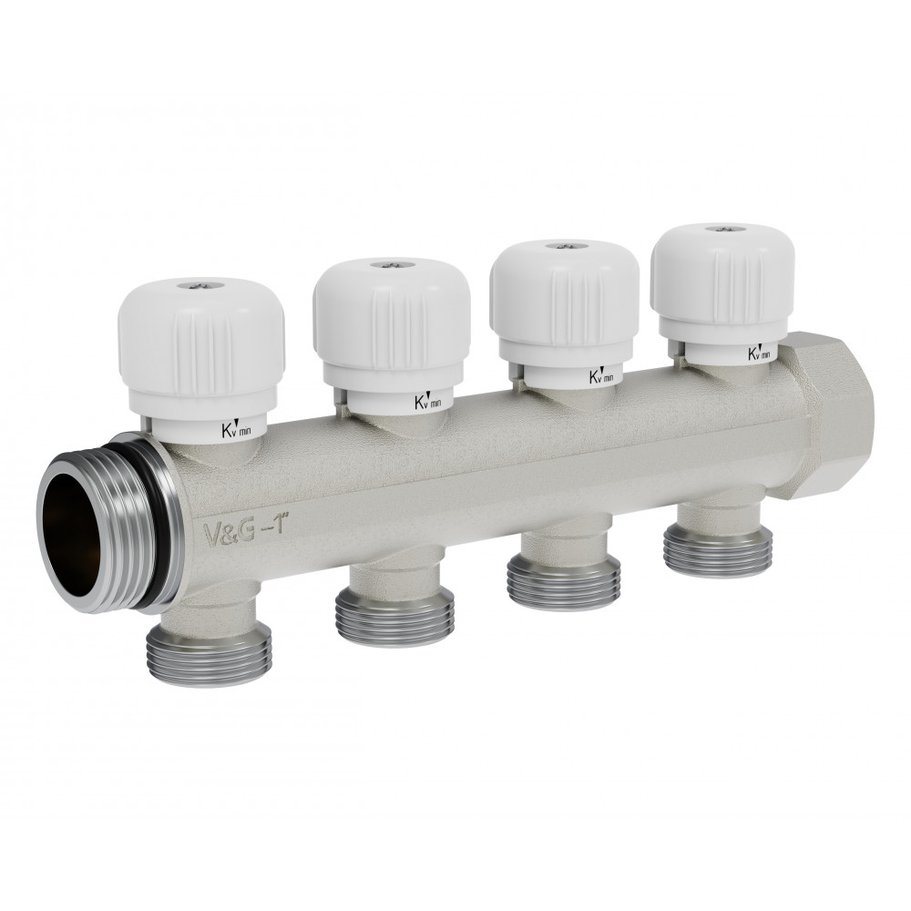 Коллектор распределительный с вентильной регулировкой, 1" - 4 выхода х 3/4" «евроконус»