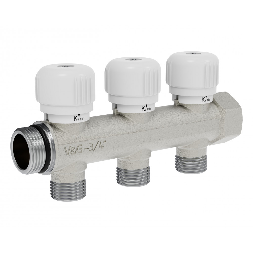 Коллектор распределительный с вентильной регулировкой, 3/4" - 3 выхода х 1/2"