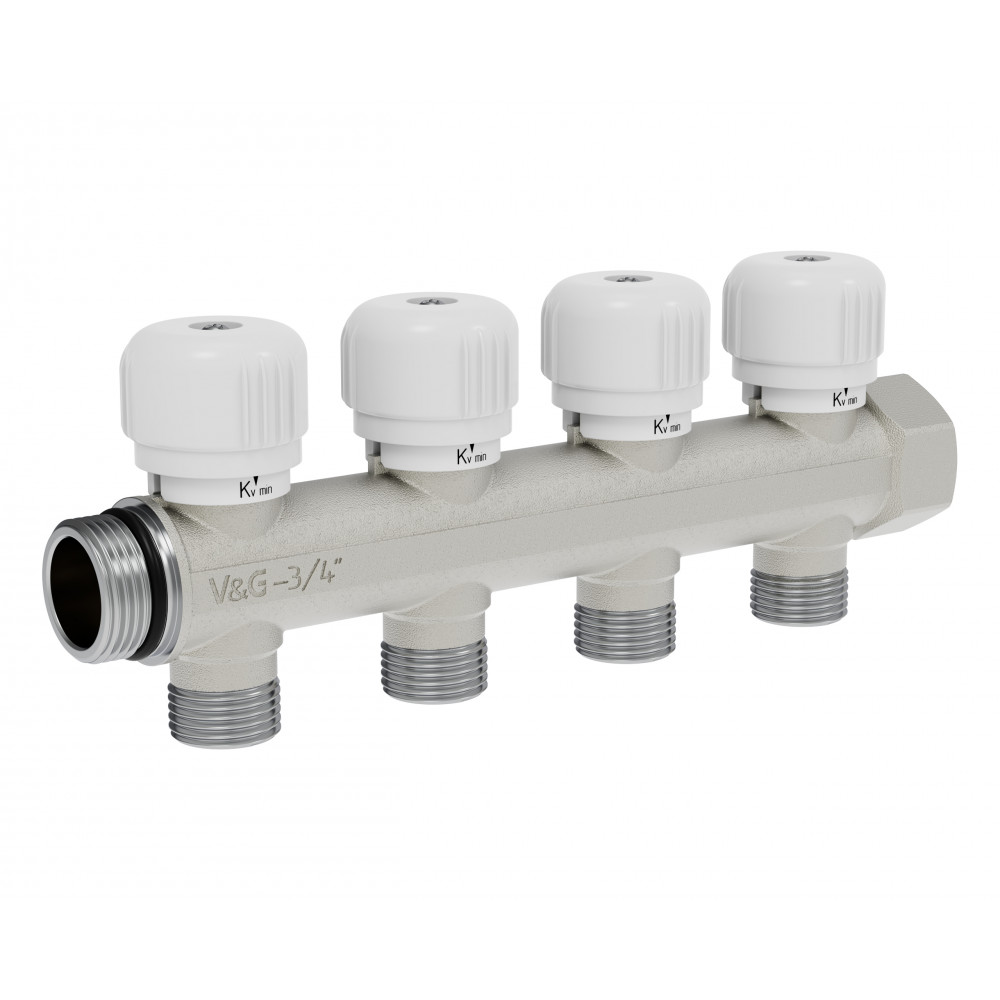 Коллектор распределительный с вентильной регулировкой, 3/4" - 4 выхода х 1/2"