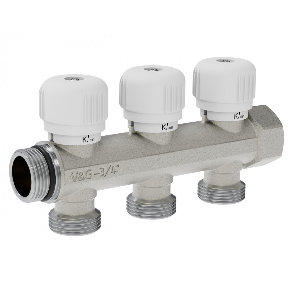 Коллектор распределительный с вентильной регулировкой, 3/4" - 3 выхода х 3/4" «евроконус»